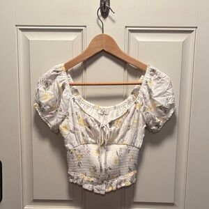 Hollister White and Yellow Floral Smocked Blouse